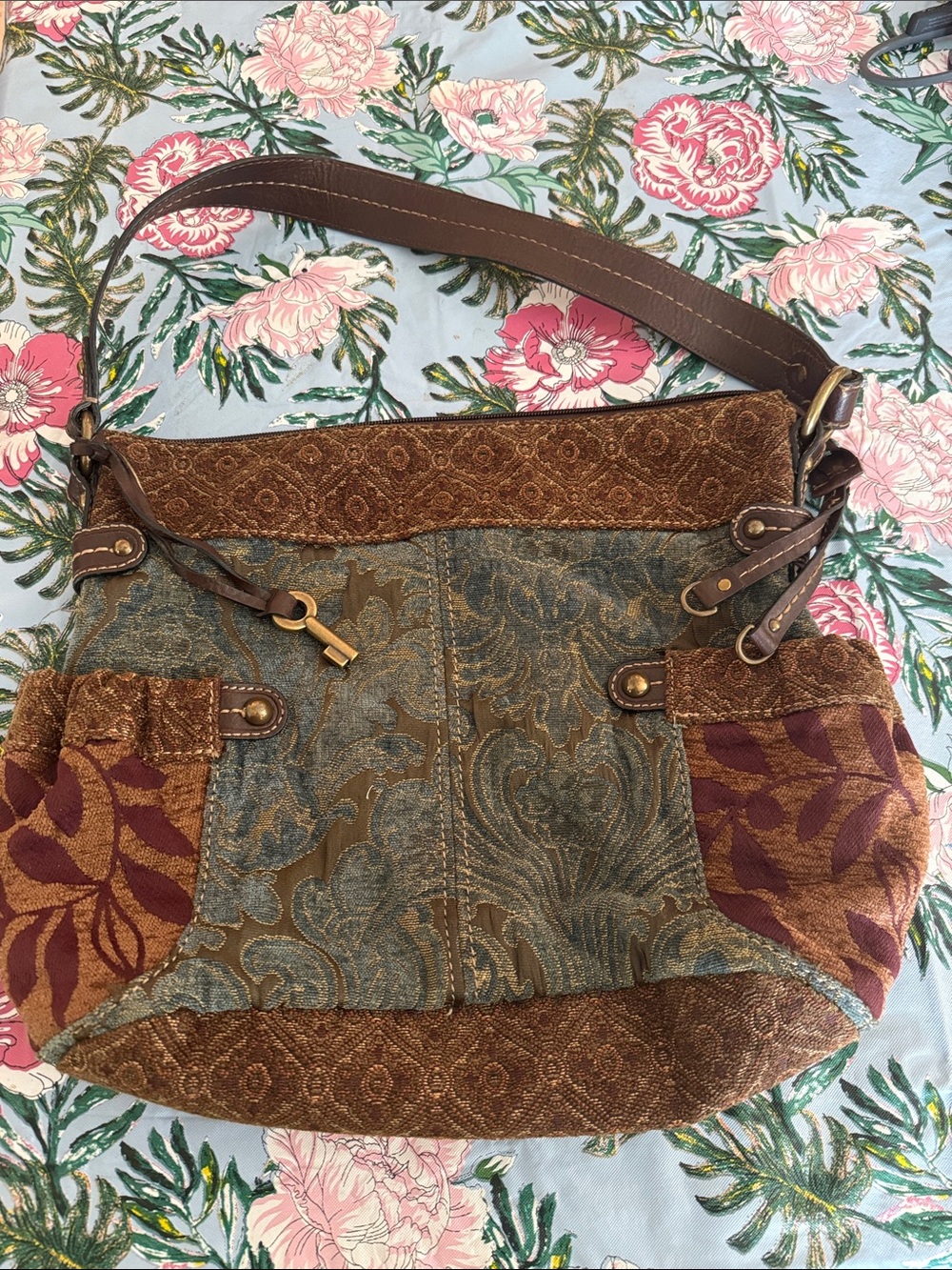 Fossil Patchwork Shoulder Bag in Brown, Teal & Burgundy